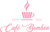 Cafe Bombon pink logo with cupcake mug and text.